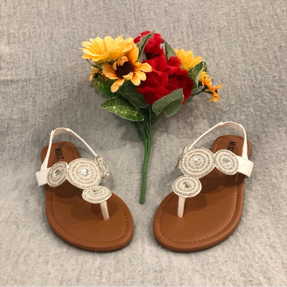 NWOT - Mixit Sparkly Silver and White T-Strap Sandals with Spiral Gems